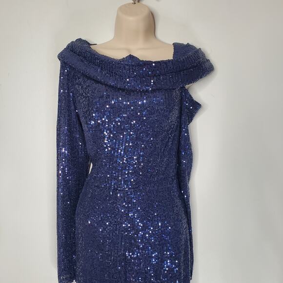 Ieena for Mac Duggal 26596 Asymmetrical Neckline Sequin Jumpsuit Midnight Size 6 - Picture 6 of 13